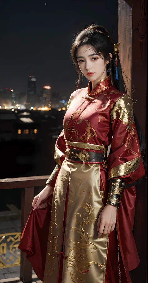 Feiyu_clothes， red-fabric， gold embroidery， Gold embroidered black bracer， high ponytails， depth of fields， night cityscape， 1gi...