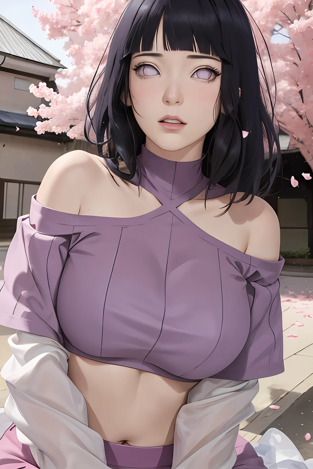 masterpiece, absurdres, hinata\(boruto\), 1girl, solo,mature female, off-shoulder crop top, looking at viewer, (falling petals), perfect composition, detailed lips, big breast, beautiful face, body propotion, blush, (pink lips), long hair,  purple eyes,  soft gaze,  super realistic, detailed, photoshoot, realistic face and body, sexual expression, seductive expression,