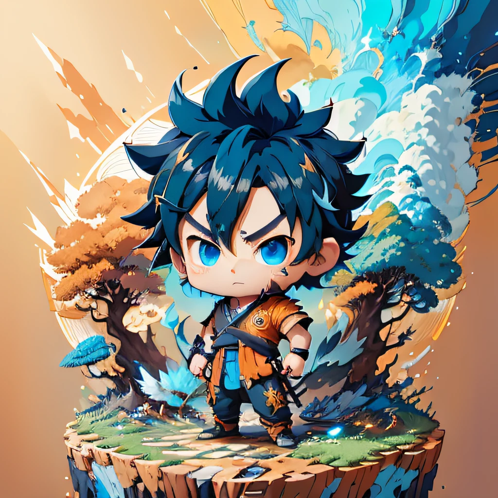 Son Goku, with blue hair, in a chibi form, standing on a mound of earth, surrounded by a layer of blue energy, (cute:1.0)