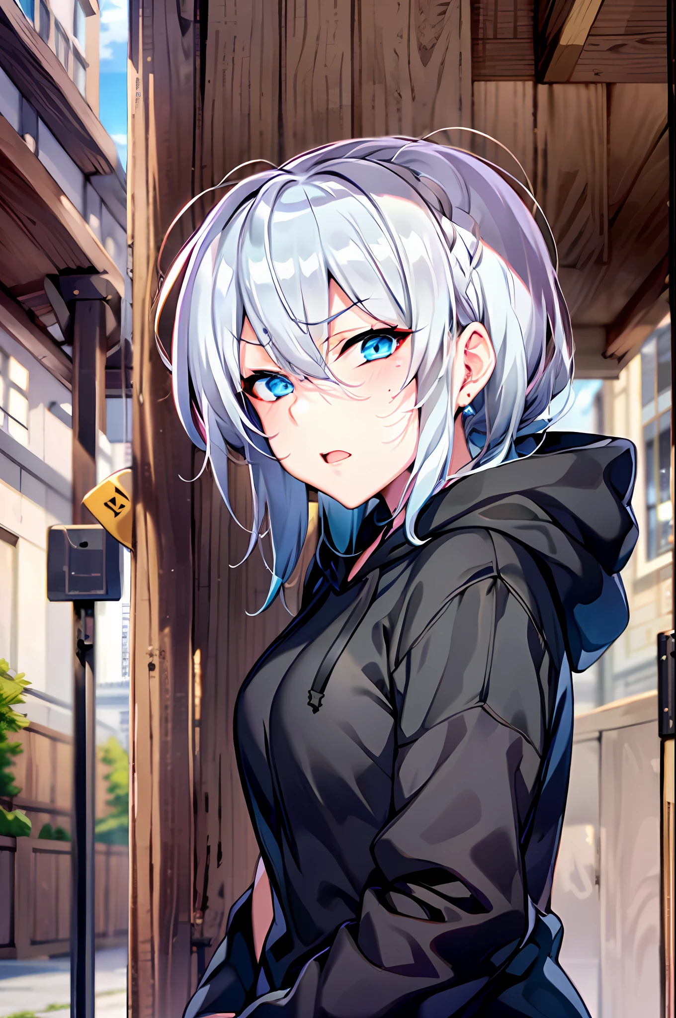 Yukino, Silver hair and  eyes in a black hoodie, anime visual of a cute girl, screenshot from the anime film, & her expression is solemn, ahegao face, in the anime film, in an anime, anime visual of a young woman, she has a cute expressive face, still from anime