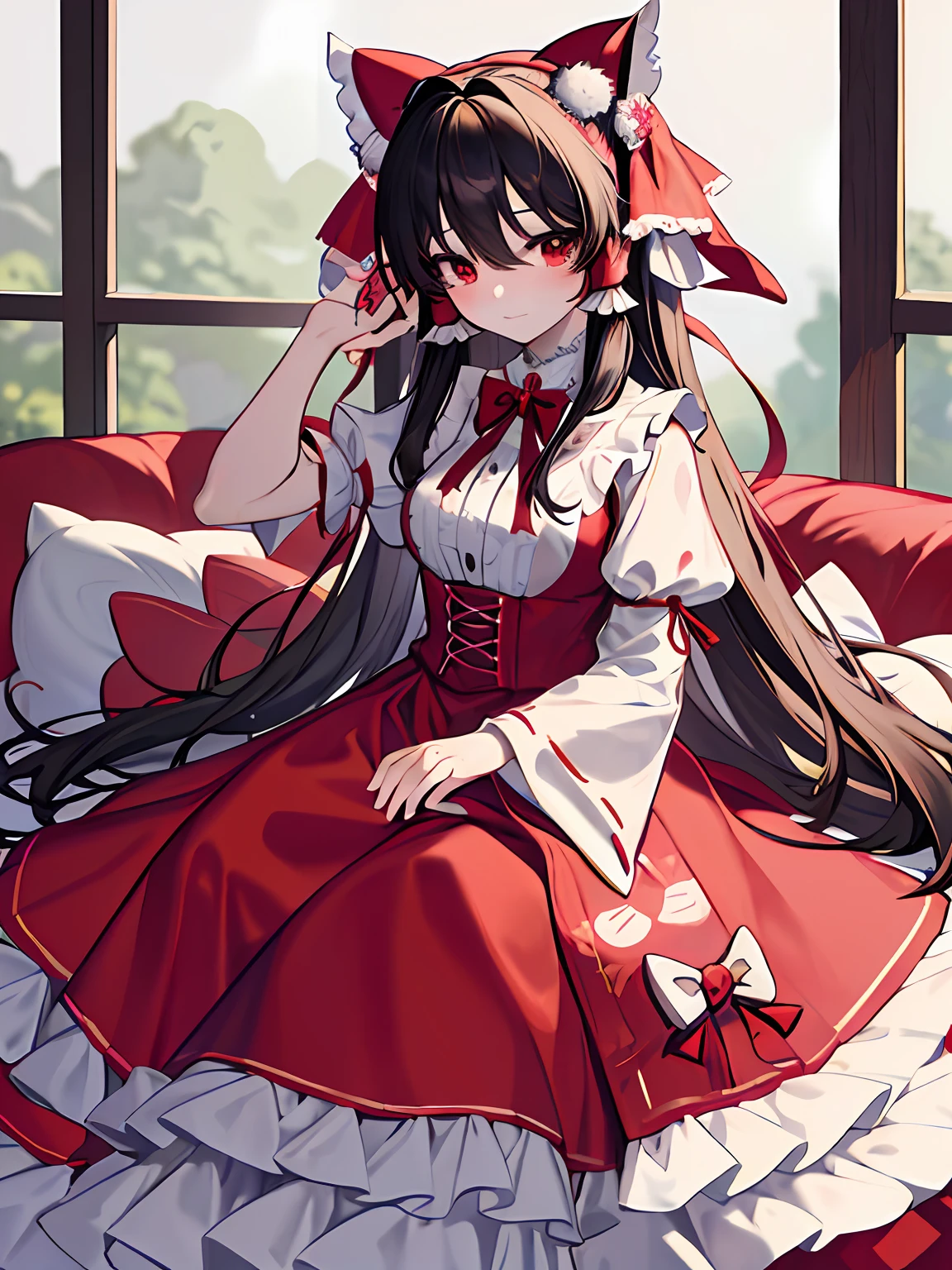 Illustration of Reimu Hakurei in gothic lolita costume, masterpiece, fine detail, 4k, 8k, 12k, solo, one person, beautiful girl, white female, Hello Kitty decoration, cat ears, red and white outfit