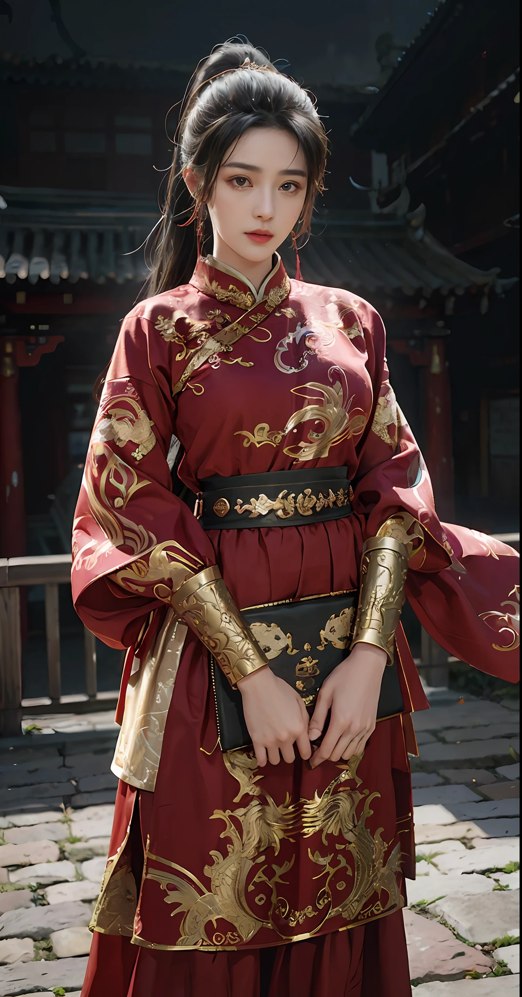 feiyu_clothes， red-fabric， gold embroidery， Gold embroidered black bracer， high ponytails， depth of fields， night cityscape， 1girll， ulzzang-6500v1.1， （Original： 1.2）， （Realistic： 1.3） ， beautiful girl with beautiful details， extremelydetailedeyesandface， Eyes with beautiful details， absurderes， Incredibly Ridiculous res， hugefilesize， Hyper-detailing， A high resolution， ultra - detailed， best qualtiy， tmasterpiece， illustration， Ultra detailed and beautiful， ultra - detailed， CG， Solidarity， 8k wallpaper， astounding， finedetail， tmasterpiece， top-quality， offcial art， Extremely detailed Cg Unity 8K wallpaper， cinmatic lighting， （Perfect shiny skin：0.6）， Slim and smooth lines， （floatking）， （little breast：1）， 耳Nipple Ring ， tmasterpiece， Best quality at best，
