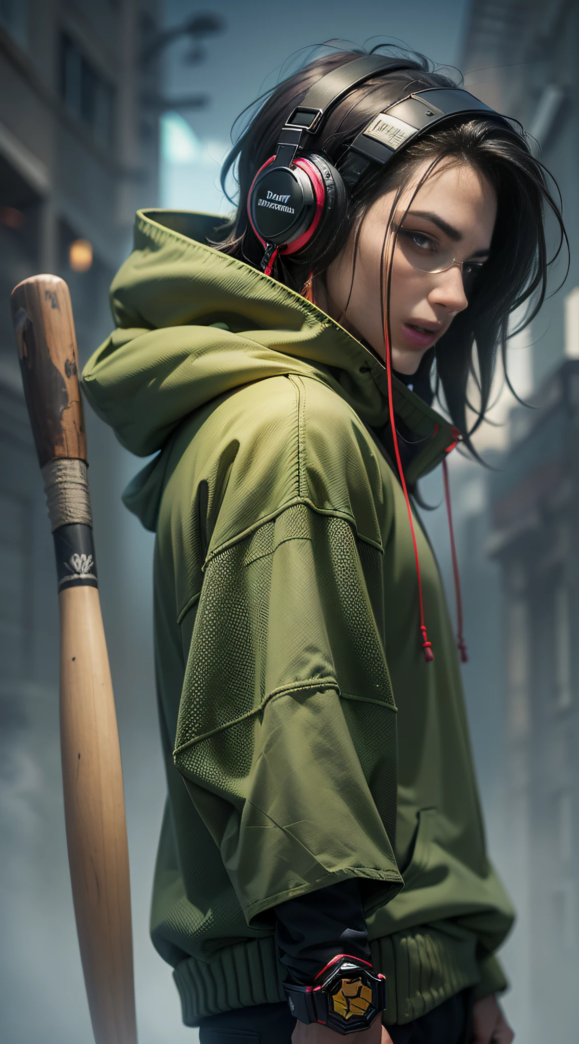 arafed man in a green sweater holding a baseball bat, wearing sci - fi cloak with hood, wearing a parker, profile picture, profile photo, profile pic, profile shot, album art, avatar image, wearing a hoody, profile image, wearing nanotech honeycomb robe, with head phones, portrait of a digital shaman, outdoor