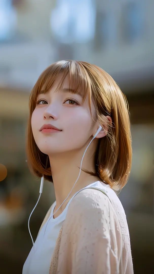 close-up of a woman wearing headphones looking up, with short hair, hime-cut, lalisa manobal, short detailed hair，by bangs, with...