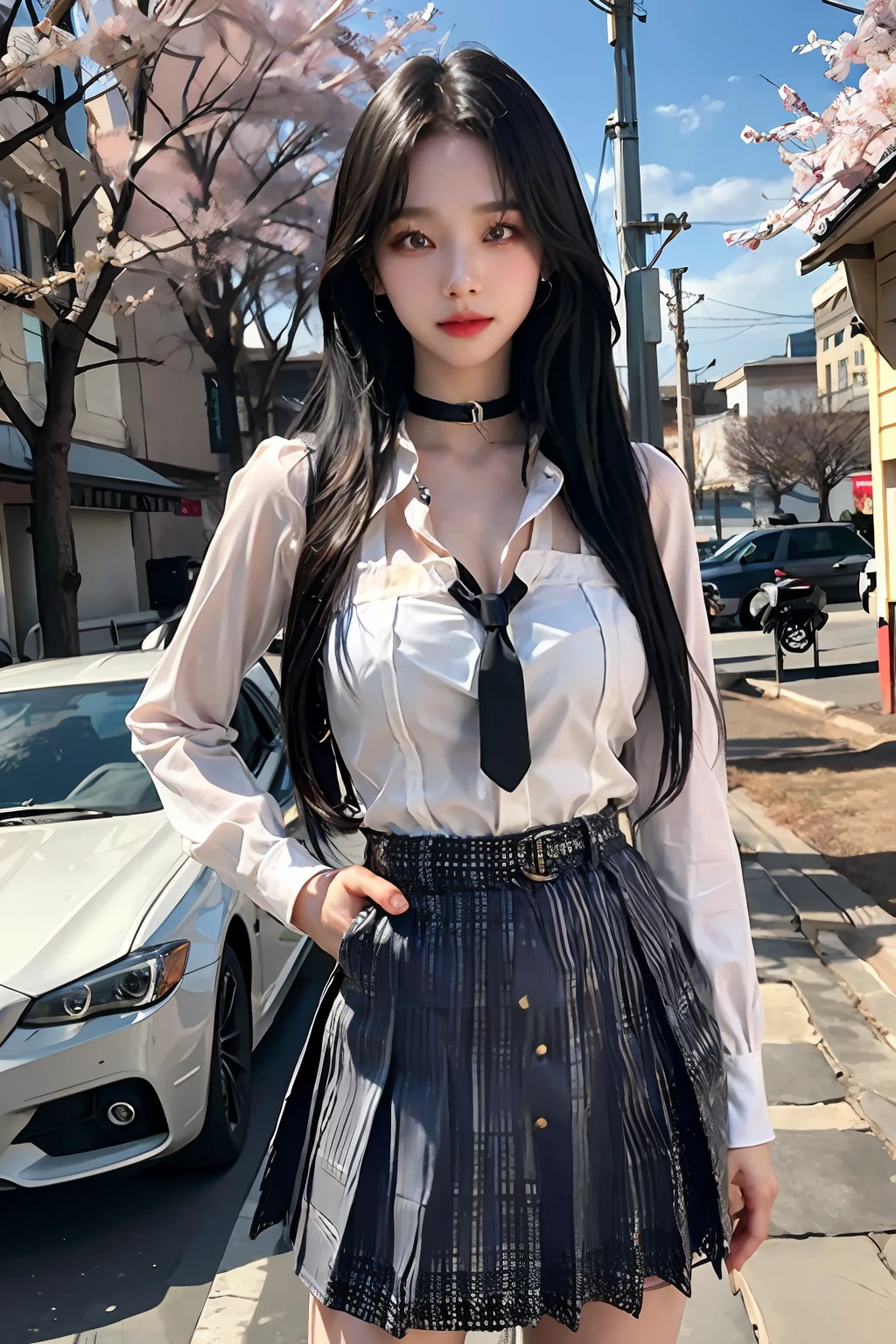 masterpiece, best quality,  full body,
1girl, bangs, black choker, black necktie, blonde hair, blue skirt, blush, bracelet, gigantic  breasts, choker, clothes around waist, collarbone, collared shirt, cowboy shot, dress shirt, ear piercing, eyebrows visible through hair, gradient hair, grin, gyaru, jewelry, kogal, long hair, looking at viewer, loose necktie, necktie, piercing, plaid, plaid skirt, pleated skirt, red eyes, ring, school uniform, shirt, skirt, smile, solo, white shirt,
street, sky, cherry blossoms, petals,illustration, (magazine:1.3), (cover-style:1.3), fashionable, woman, vibrant, outfit, posing, front, colorful, dynamic, background,  elements, confident, expression, holding, statement, accessory, majestic, coiled, around, touch, scene, text, cover, bold, attention-grabbing, title, stylish, font, catchy, headline, larger, striking, modern, trendy, focus, fashion,