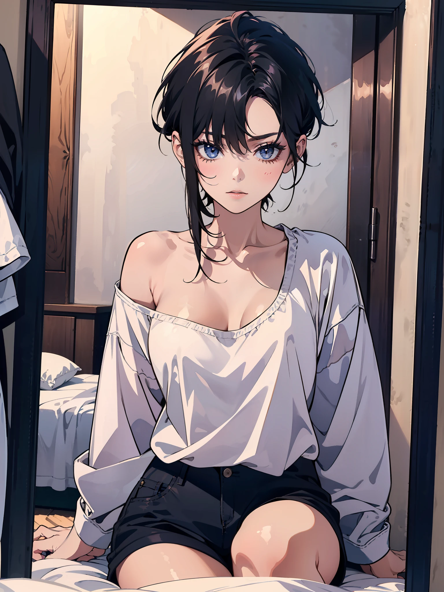 Anime girl sitting on bed with blue eyes and black hair - SeaArt AI