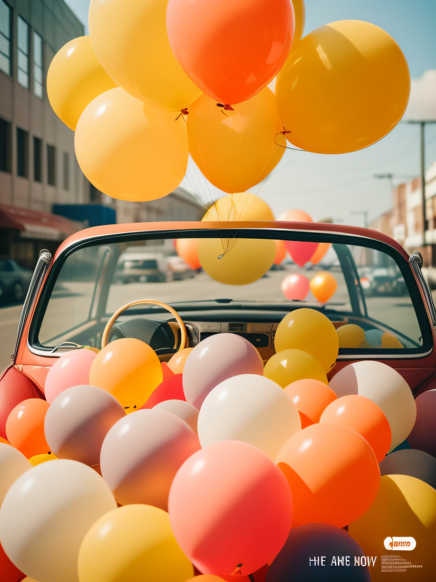 There is a car，There are many balloons attached to it, baloons