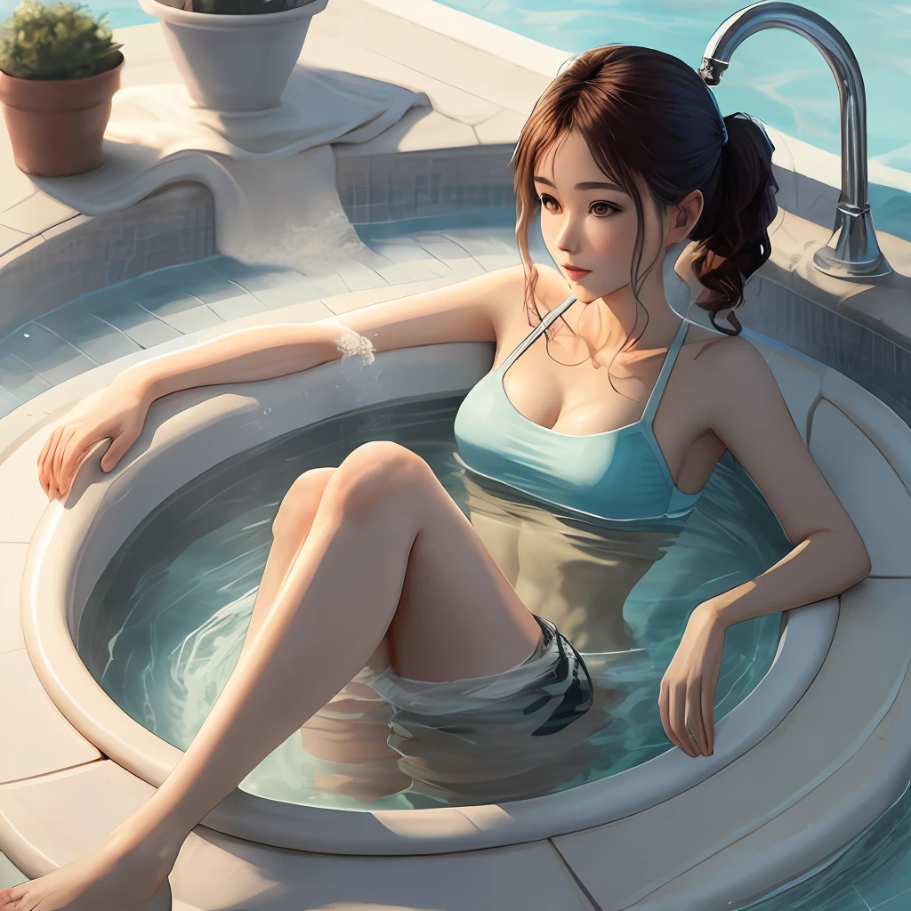 Chica anime en un jacuzzi con un cigarrillo en la boca. - SeaArt AI