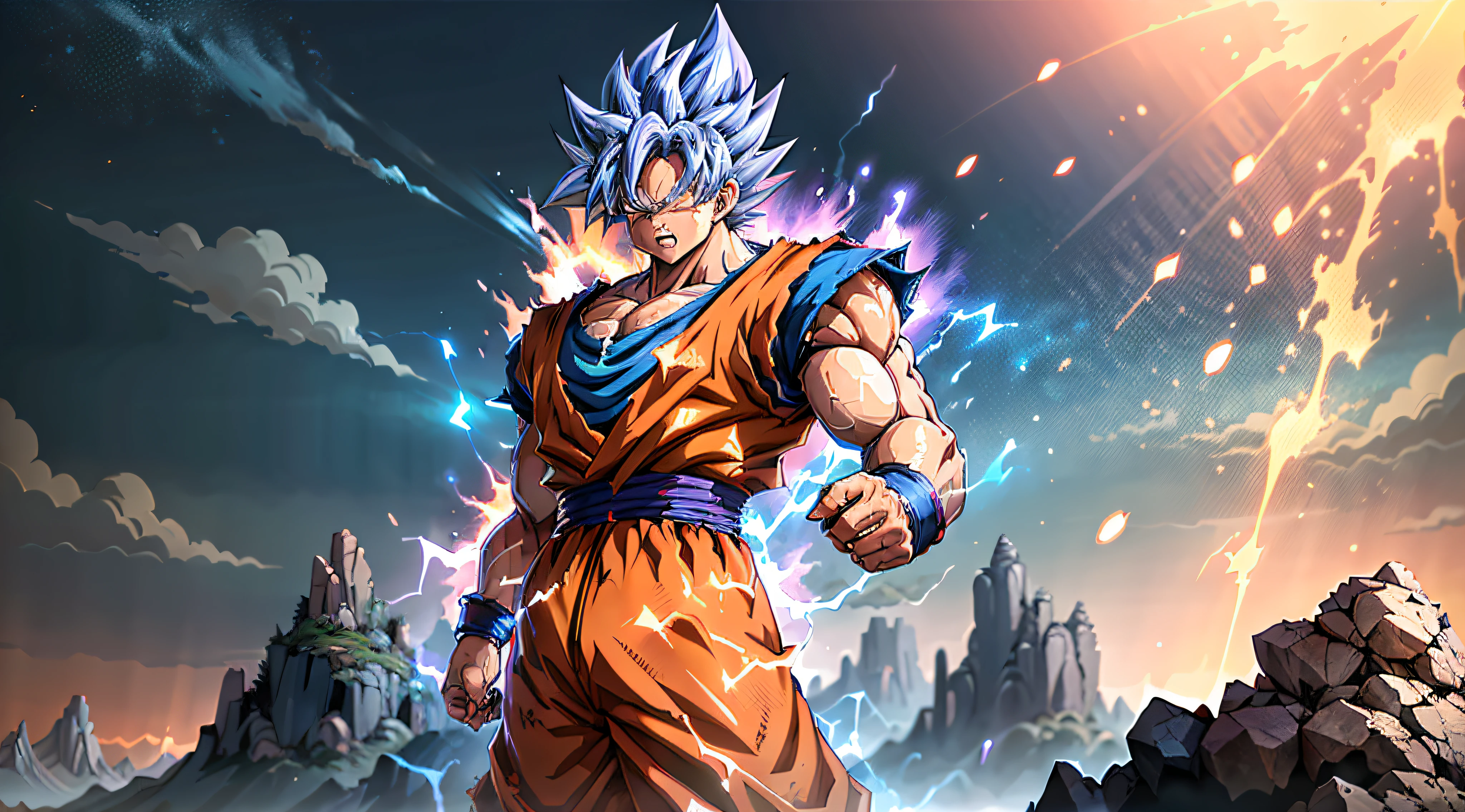 Super Saiyan Goku desata una enorme ola de energía mientras está parado en la cima de una montaña, los alrededores están llenos de exuberante vegetación, y el cielo es una mezcla de tonos naranja y morado. La onda de energía es de color azul brillante con chispas eléctricas a su alrededor.. (animado:1.2), (iluminación dramática:1.1), (Colores vibrantes:1.3), (sombreado de celdas:1.1), (composición dinámica:1.2)