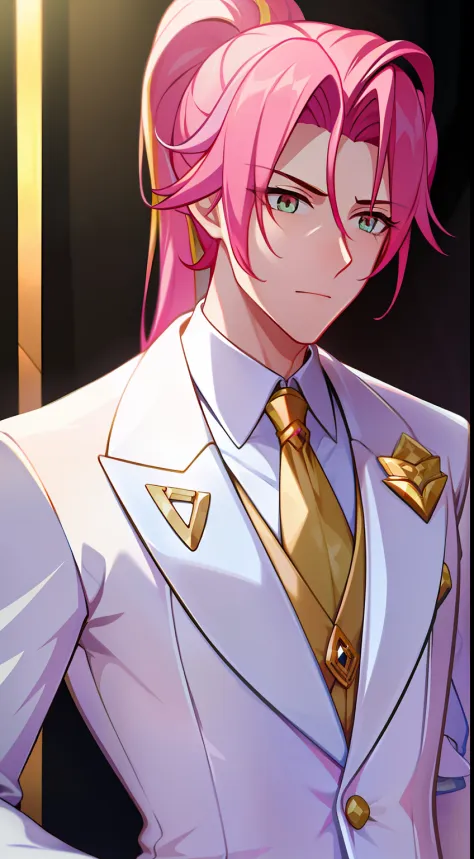 grown-up guy, pink hair, high ponytail, golden eyes, white suit with gold elements, masterpiece, hiquality