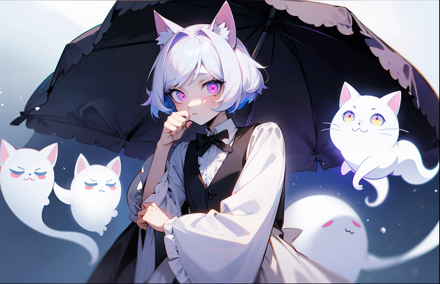 Anime character with cat umbrella and cat kittens in the background -  SeaArt AI