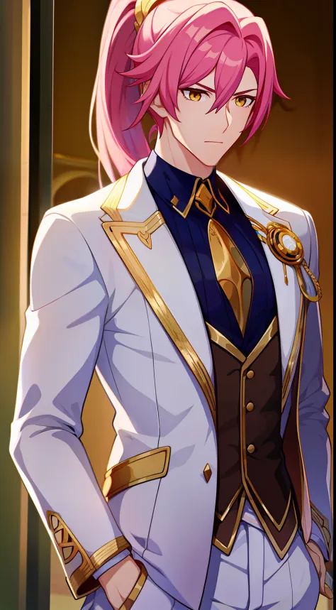 grown-up guy, pink hair, high ponytail, golden eyes, white suit with gold elements, masterpiece, hiquality