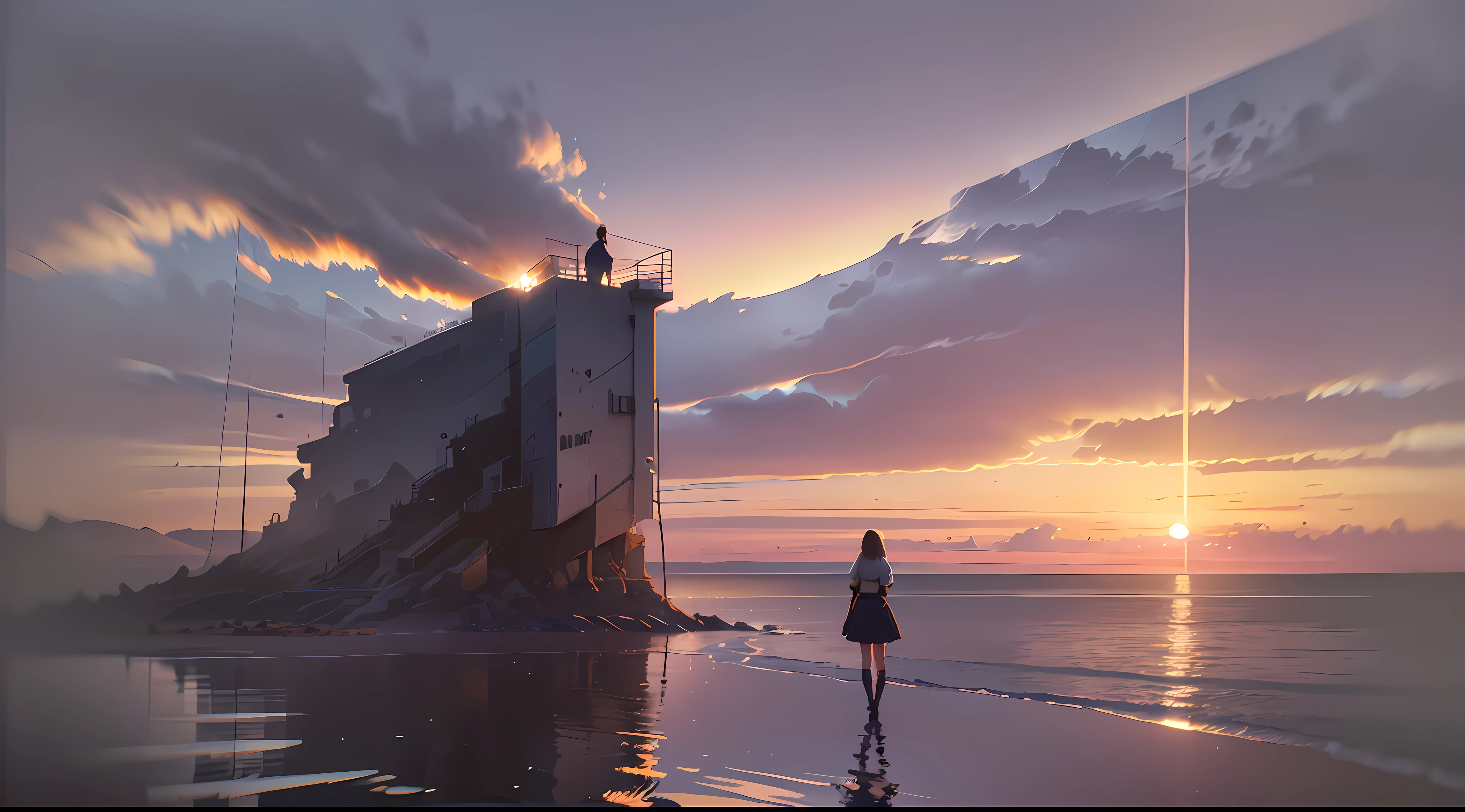 commanding: ``/create prompt:Girl standing on the hill at sunset , Dawn is on a patch of water，The background is the sea, video art, A matte painting, Cinematic landscape model:Real``