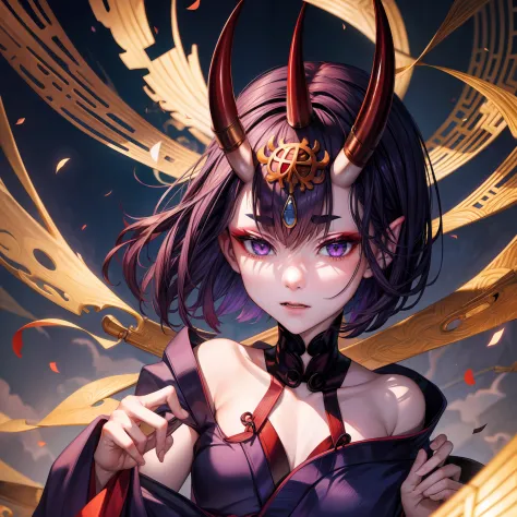 shuten douji from fate grand order, horns sticking out of forehead, pale skin, small body, petite, wearing open kimono, body exp...