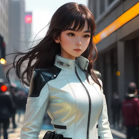 A girl in a leather suit，White clothes