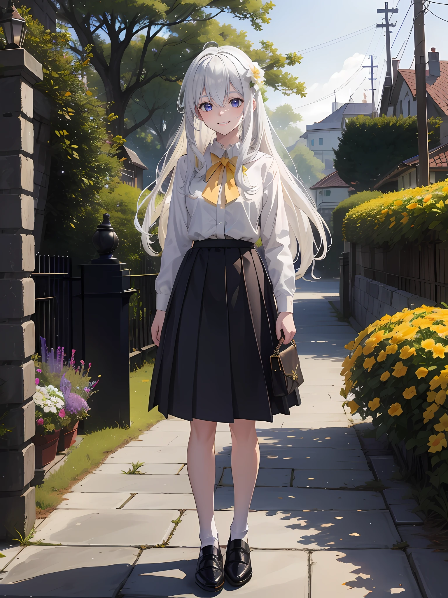 elaina, (masterpiece:1.6, best quality), 1girl,solo,shiny skin ,white hair, shiny hair, blue eyes, long hair, skirt, gray skirt, shoes, white shirt, full body, yellow bowtie ,jewelry, park, anime colored, Hand holding flower, flower, Give flower, smile