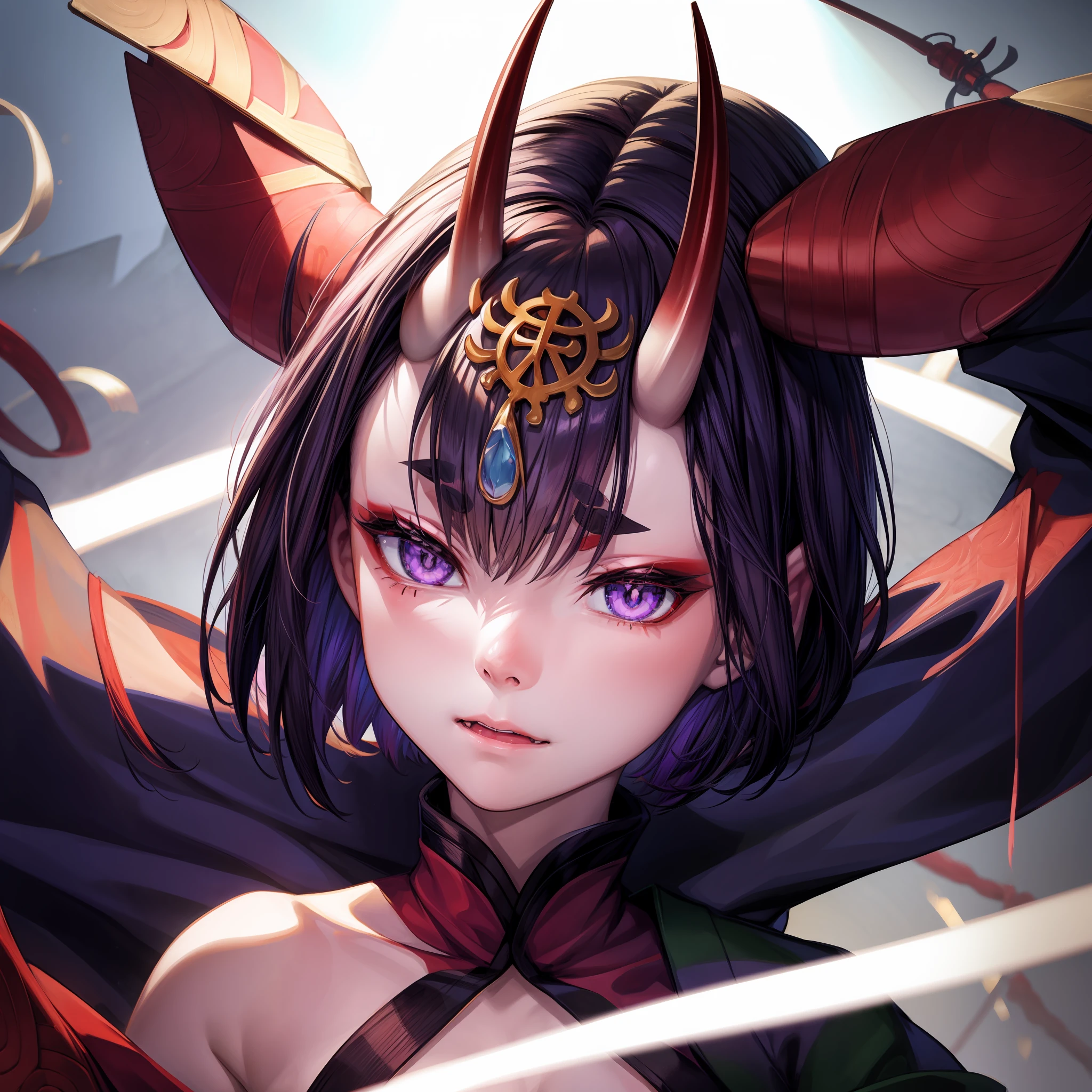 Shuten Douji from fate grand order, horns sticking out of forehead, pale skin, small body, petite, wearing open kimono, body exposed underneath, focused on face, pfp, amazing body, amazing face