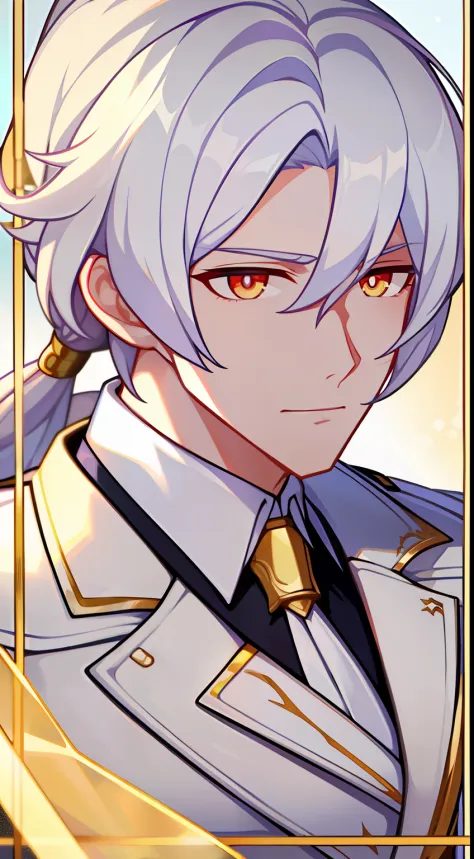 grown-up guy, white colored hair, high ponytail, golden eyes, white suit with gold elements, masterpiece, hiquality