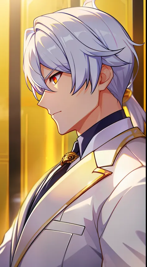 grown-up guy, white colored hair, high ponytail, golden eyes, white suit with gold elements, masterpiece, hiquality