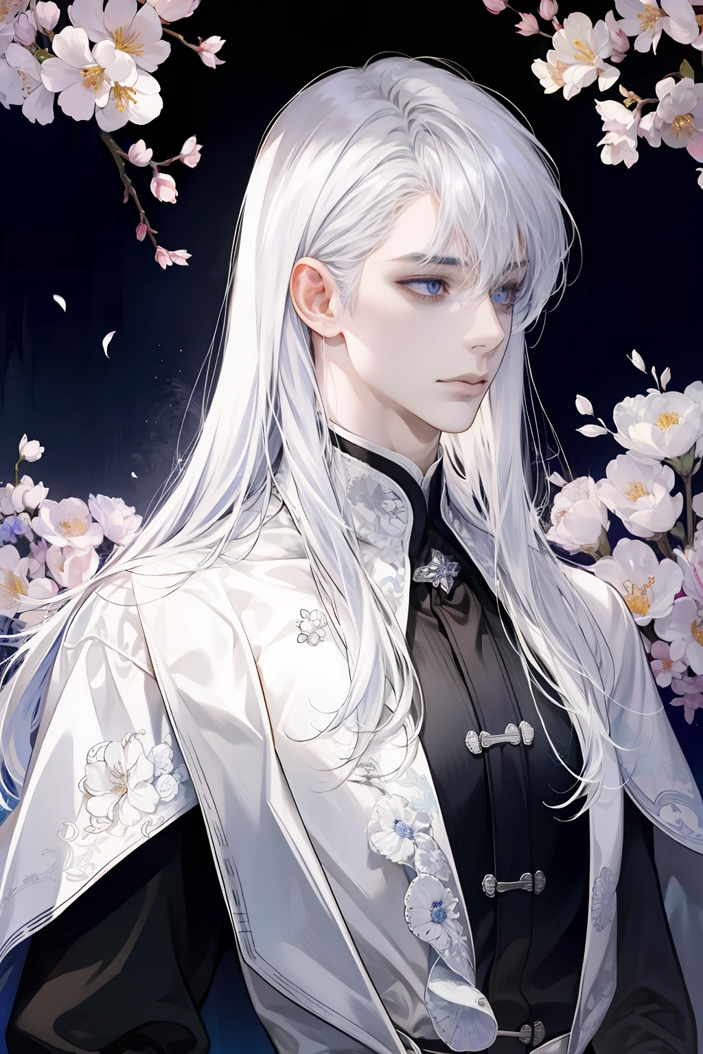 （absurderes，A high resolution，ultra - detailed）， 1 man， AS-Adult， Handsome， Tall muscular man， a broad shouldered， finely quality eyes， Very long hair， White hair， wavey hair， blossoms， Diamond， jewely， trpical garden， ln the forest， sportrait， Keep one's mouth shut，a sense of atmosphere，Light，orthofacial，Frontal lighting
