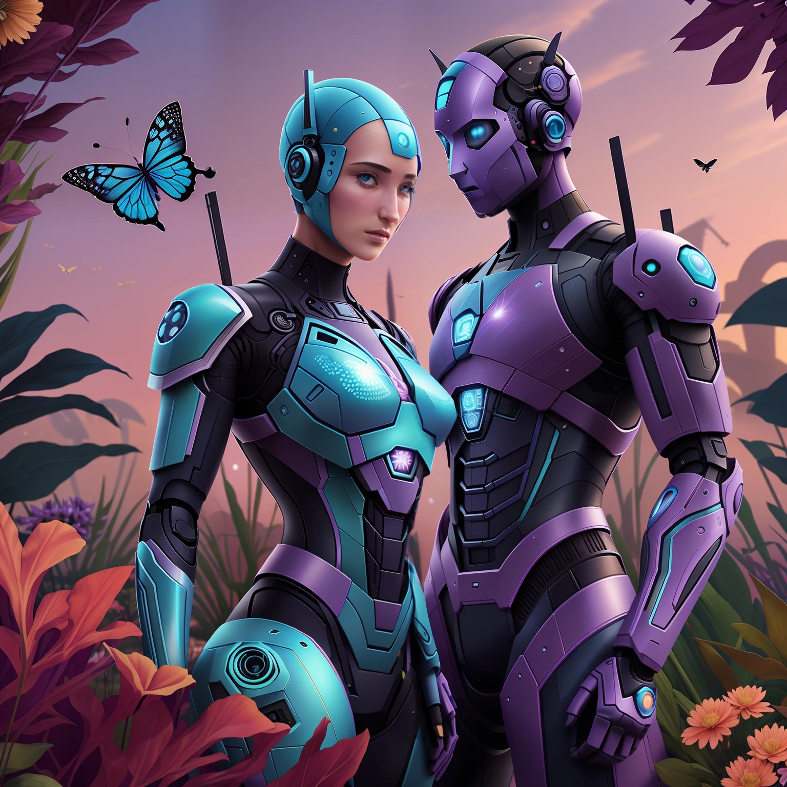 Two people in colorful garden，Flowers and butterflies on purple background，Blue Robot, Android Jones, Ex Machina, afro futurism, Poster art 3d rendering hyper-realistic skin AI man