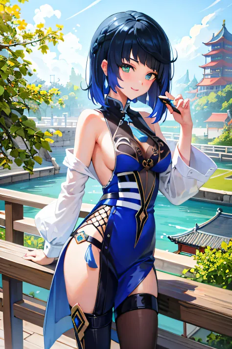 （（tmasterpiece，best qualtiy））， （1girll），（（a matural female）），blue hairs，By bangs，middlebreast，（plumw），Slim，ssmile，period costume，Look at the letter in your hand，Back of the ancient Chinese city