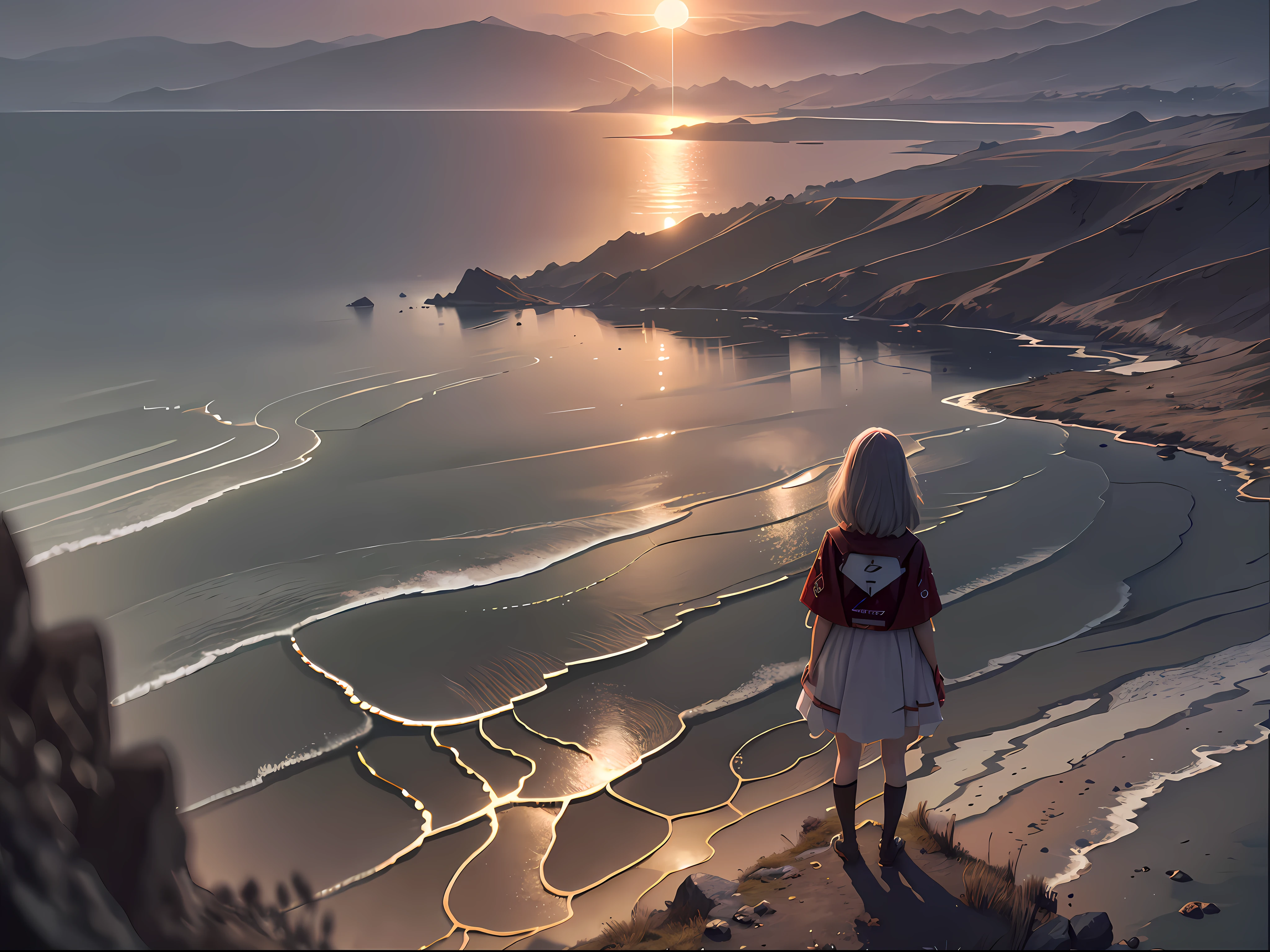 befehligend: ``/Eingabeaufforderung erstellen:Mädchen, das bei Sonnenuntergang auf dem Hügel steht , Die Morgendämmerung befindet sich auf einem Wasserfleck，Der Hintergrund ist das Meer, Videokunst, ein Matte Painting, Filmisches Landschaftsmodell:real``