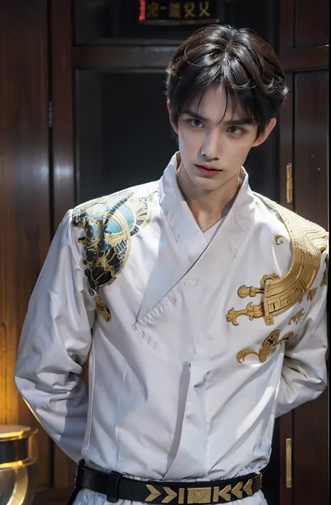 1boys，White cloth，short detailed hair，gold embroidery，Black gold embroidered belt，White collar，Wearing a Feiyu suit，Combat posture，Black gold embroidered wrist guards，（RAW photos，best qualtiy），（Realiy，Foto realism：1.4），tmasterpiece， Extremely Delicately Be...