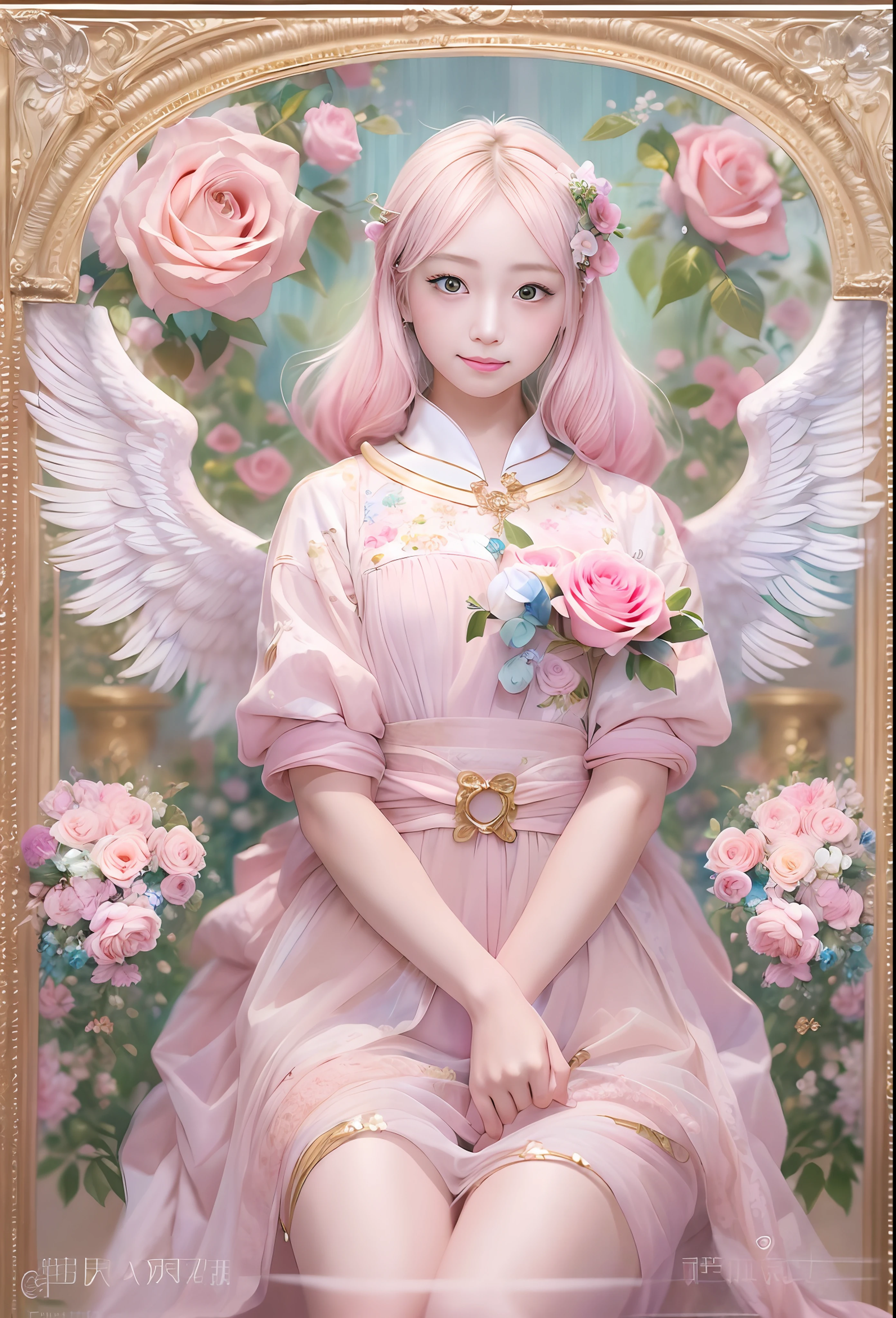 Puppy Kawaii、Pale pink color illustration、(Angel wings、😇、a smile、😌🥰Archaic Smile).hyper realstic、Ultra-realistic、Depiction of the human body without distortion、Monna Lisa、Woman in the Arms、Near and far law、Three-dimensional、Contemporary painting、moderno、world masterpiece、collection、Homage to the art or artist work of Picasso and Renoir, Not sentimental、Excellent portrayal、Gentle expression、More detailed character faces, Serious competition、Compositions like paintings、(Konmutsuki_Gacha_Series 1, punk_rosette), Realistic、Delicate brushwork、aqua color flowers, (Full body, elegant flowers background)