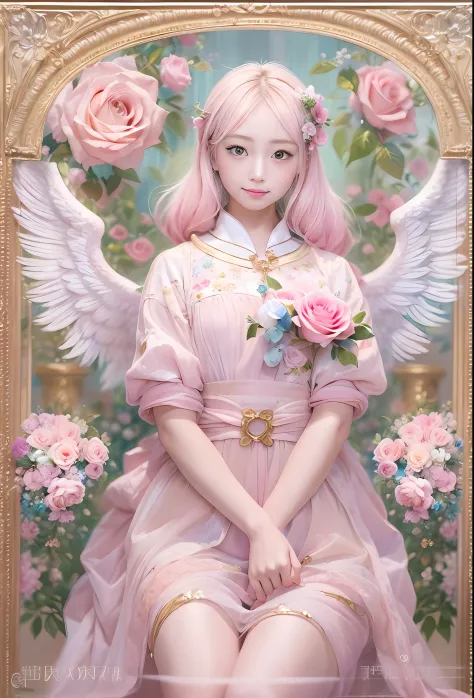 Puppy Kawaii、Pale pink color illustration、(Angel wings、😇、a smile、😌🥰Archaic Smile).hyper realstic、Ultra-realistic、Depiction of th...