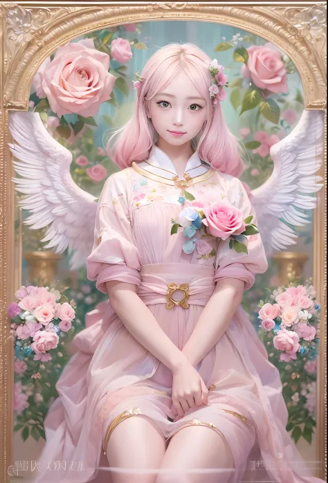 puppy kawaii、pale pink color illustration、(angel wings、😇、a smile、😌🥰archaic smile).hyper realstic、ultra-realistic、depiction of th...