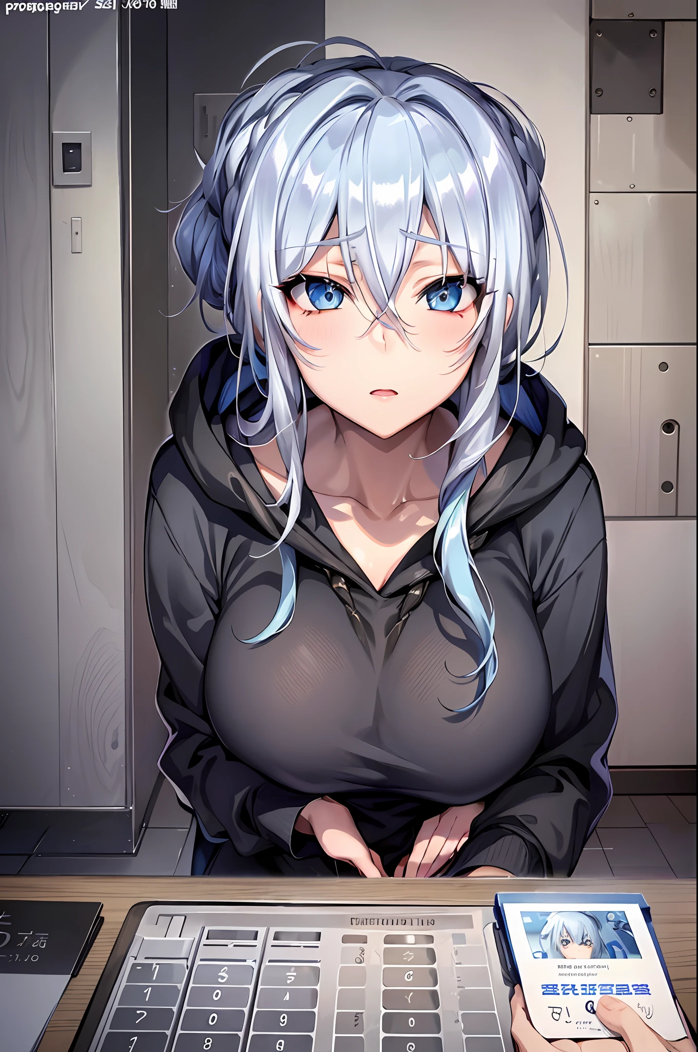 Yukino, Silberne Haare und Augen in einem schwarzen Kapuzenpullover, Anime-Bild eines süßen Mädchens, Screenshot aus dem Anime-Film, & ihr Gesichtsausdruck ist ernst, im Animefilm, in einem Anime, Anime-Bild einer jungen Frau, Sie hat ein süßes, ausdrucksstarkes Gesicht, Standbild aus Anime, perfekte Brust