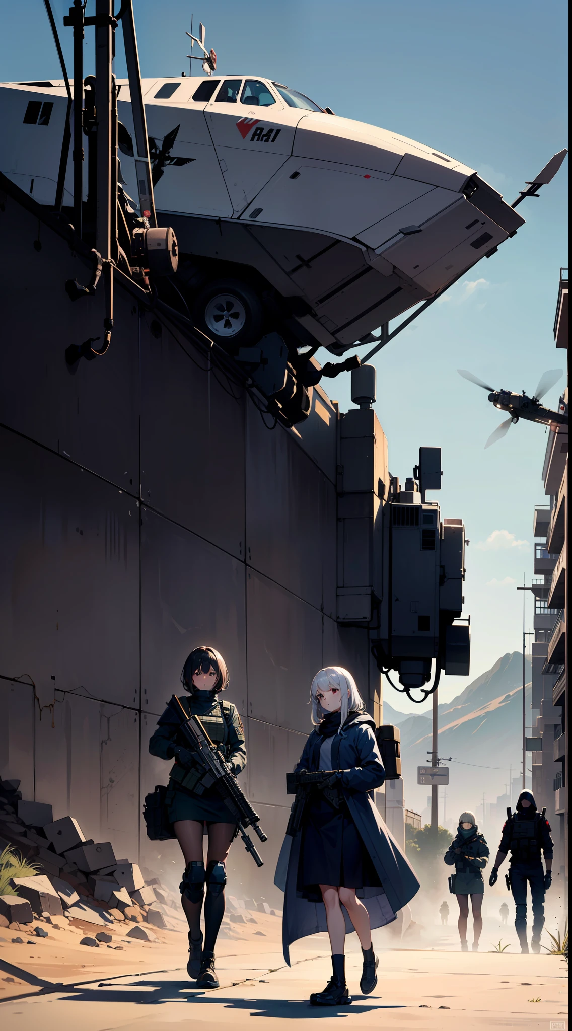 (Single image)，(War zone)，A desert，((Three mechanical girls))，Synths for the Imperial Army，assault rifle，a black cloak，Handsome，Ultra-modern warfare，(Gunships fly in the air)