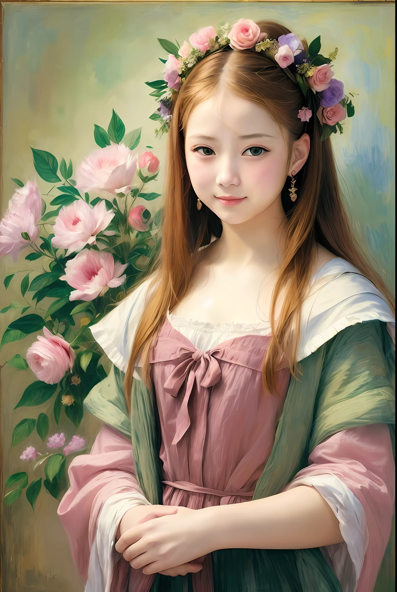Pale Pink Illustration、(Angel wings、😇、a smile、😌🥰Archaic Smile).hyper realstic、Ultra-realistic、Depiction of the human body without distortion、Monna Lisa、Woman in the Arms、Near and far law、Three-dimensional、Contemporary painting、moderno、world masterpiece、collection、Homage to the art or artist work of Picasso and Renoir, Not sentimental、Excellent portrayal、Gentle expression、More detailed character faces, Serious competition、Compositions like paintings、(Konmutsuki_Gacha_Series 1, punk_rosette), Realistic、Delicate brushwork、aqua color flowers, (Full body, elegant flowers background)