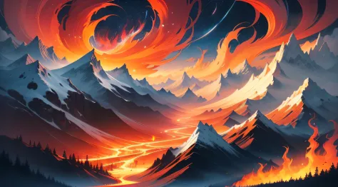The flames of the flowing lines surround the entire picture，There are stars in the sky，There are mountains in the distance，Red-o...