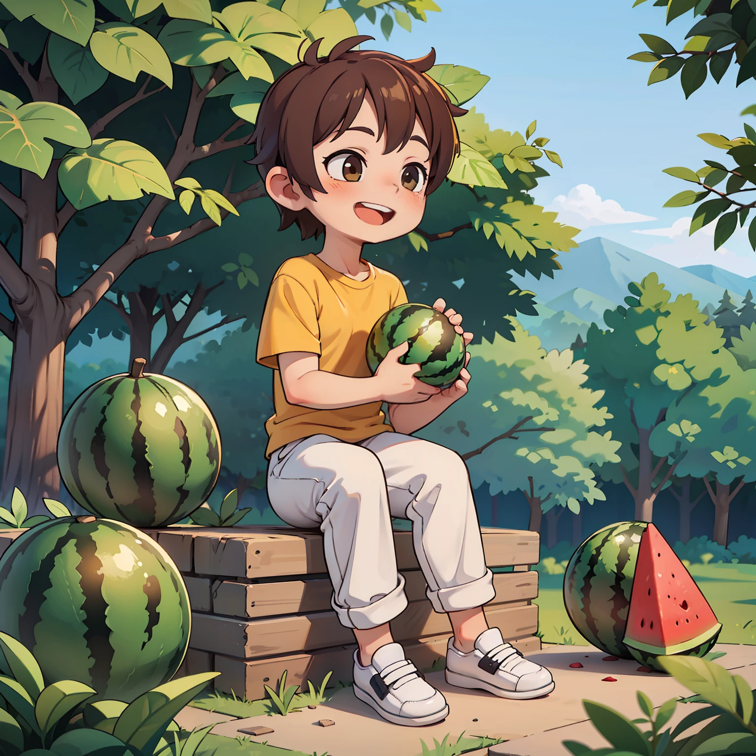 masterpiece, best quality, ruit,1boy, solo,eating,holding watermelon, (more Cut Watermelon:1.2),yellow shirt, male focus, brown hair, shirt, pants, holding, open mouth, sitting, smile, short sleeves, white footwear,sky,forest, dog,