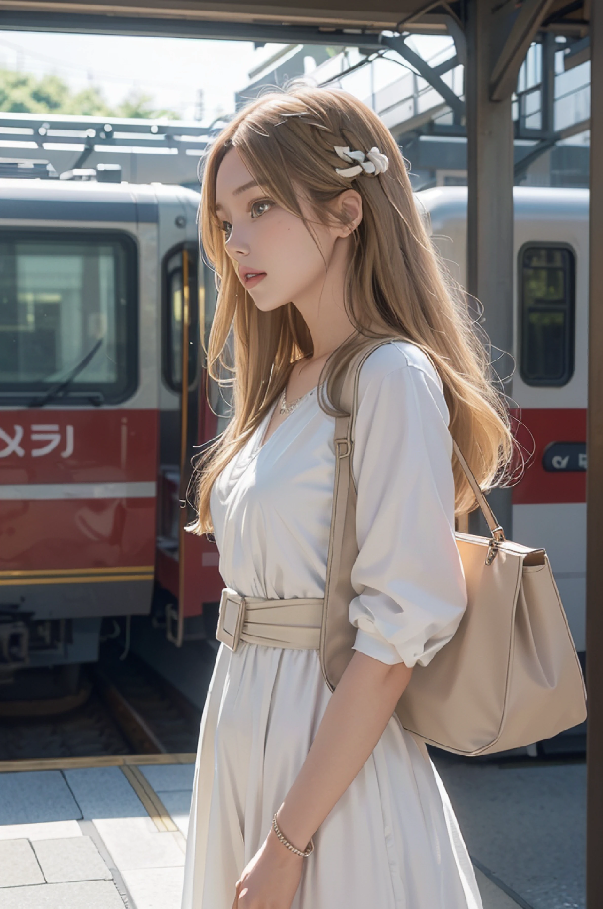 8k, raw camera, highres, detailed, masterpiece, portrait, photorealistic, hyperrealist, aesthetic, beautiful, best quality, highly detaile, best quality clothing, aesthetic clothings, professional angle, rule of thirds, Feminine, delicate, beautiful, 19 years, attractive Japanese, solo, 1 girl, (Akane Kinoshita), (In Train Station Japanese), (Full body), ((From Semi Profile) Shallow Depth of Field), Some People in the Background, ((Worried)), (Long Hair, Blonde Hair), (Loose Hair, -, Very Straight Hair), ((-)), (Light Green Eyes, Open Eyes, Cheerful Gaze), (-, Holding a bag), (Standing, Mouth Closed), -, Beautiful Bracelet, (Small Bust), ((Long White Dress, -)), (-, -), (-), beautiful body, beautiful eyes, shiny eyes, shiny hair, beautiful mouth, beautiful lips, beautiful skin, beautiful teeth, perfect teeth, beautiful face