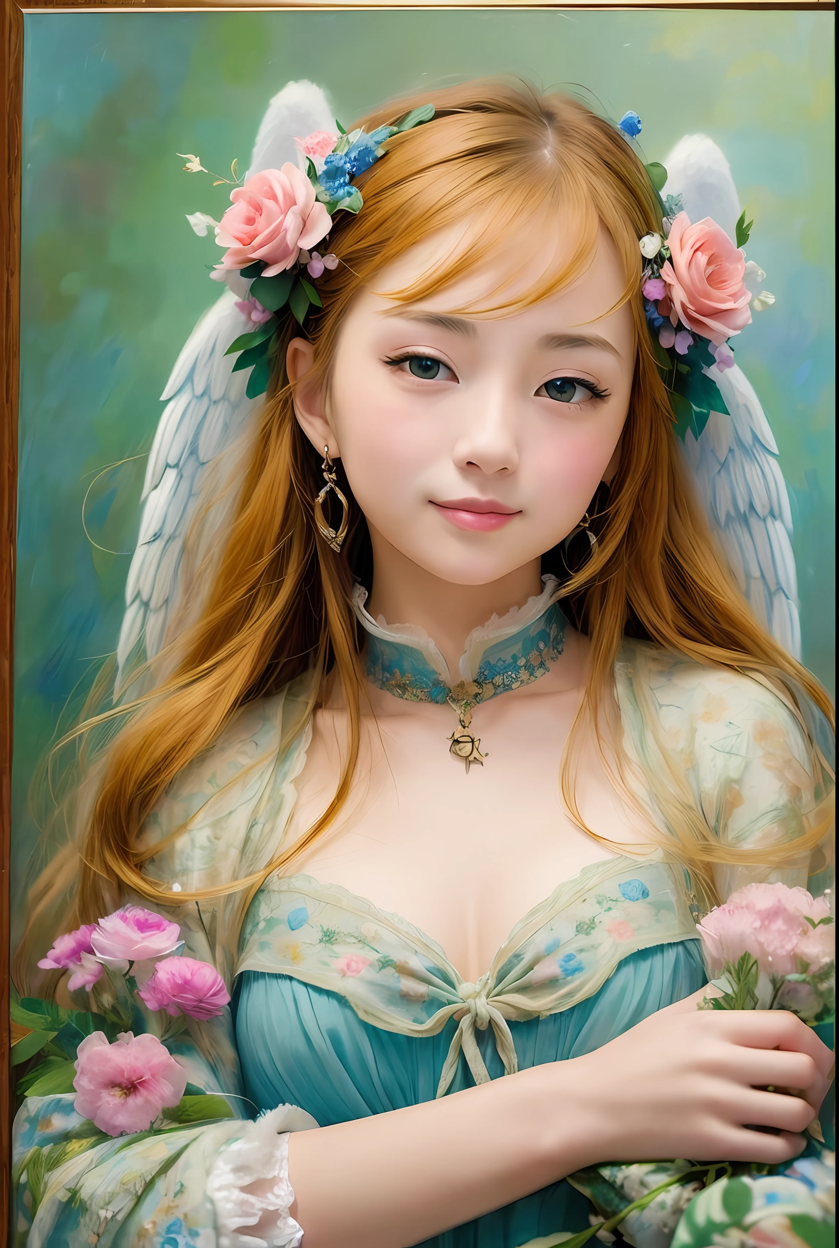 Pale Pink Illustration、(Angel wings、😇、a smile、😌🥰Archaic Smile).hyper realstic、Ultra-realistic、Depiction of the human body without distortion、Monna Lisa、Woman in the Arms、Near and far law、Three-dimensional、Contemporary painting、moderno、world masterpiece、collection、Homage to the art or artist work of Picasso and Renoir, Not sentimental、Excellent portrayal、Gentle expression、More detailed character faces, Serious competition、Compositions like paintings、(Konmutsuki_Gacha_Series 1, punk_rosette), Realistic、Delicate brushwork、aqua color flowers, (Full body, elegant flowers background)