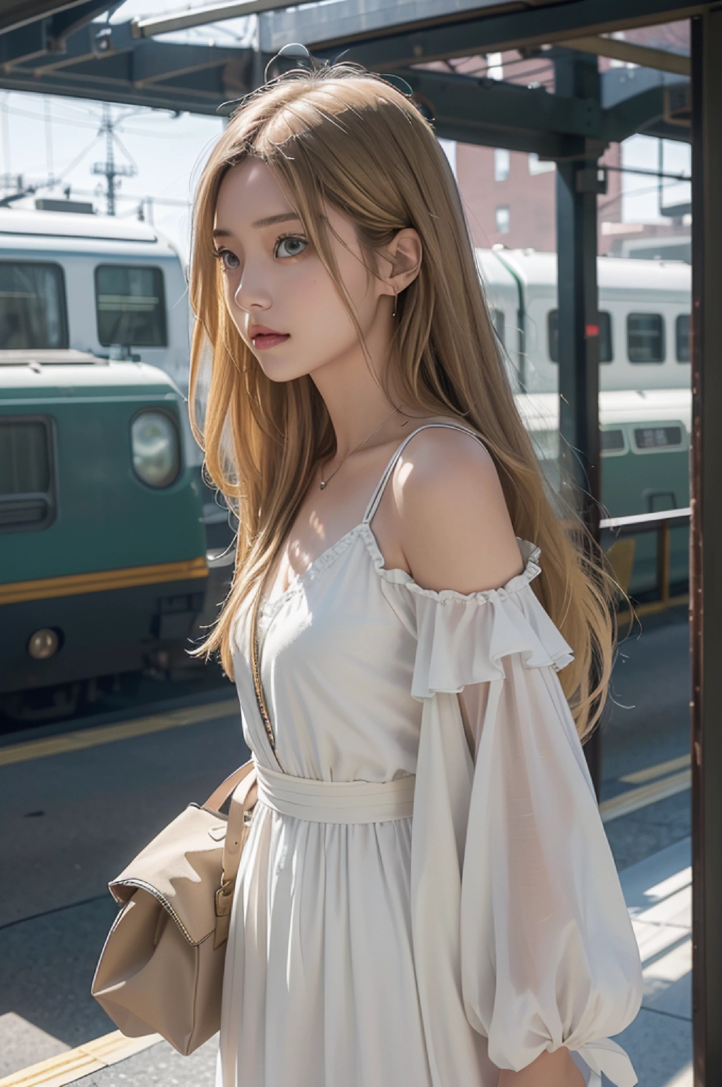 8k, raw camera, highres, detailed, masterpiece, portrait, photorealistic, hyperrealist, aesthetic, beautiful, best quality, highly detaile, best quality clothing, aesthetic clothings, professional angle, rule of thirds, Feminine, delicate, beautiful, 19 years, attractive Japanese, solo, 1 girl, (Akane Kinoshita), (In Train Station Japanese), (Full body), ((From Semi Profile) Shallow Depth of Field), Some People in the Background, ((Worried)), (Long Hair, Blonde Hair), (Loose Hair, -, Very Straight Hair), ((-)), (Light Green Eyes, Open Eyes, Cheerful Gaze), (-, Holding a bag), (Standing, Mouth Closed), -, Beautiful Bracelet, (Small Bust), ((Long White Dress, -)), (-, -), (-), beautiful body, beautiful eyes, shiny eyes, shiny hair, beautiful mouth, beautiful lips, beautiful skin, beautiful teeth, perfect teeth, beautiful face