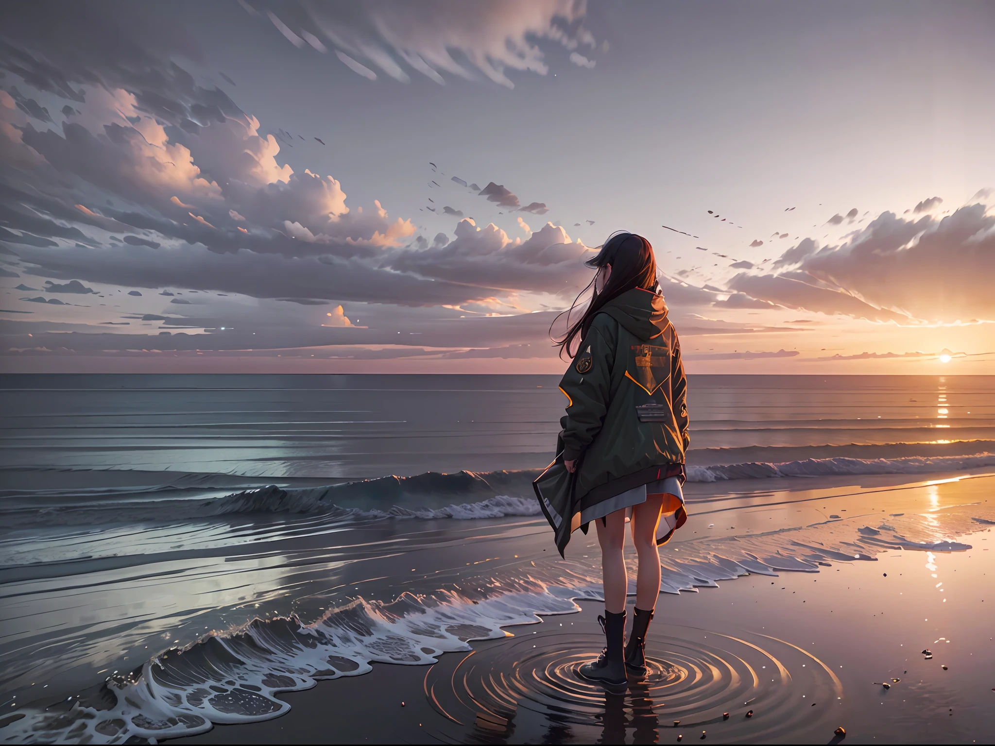 commanding: ``/create prompt:Girl standing on the hill at sunset , Dawn is on a patch of water，The background is the sea, video art, A matte painting, Cinematic landscape model:Real``