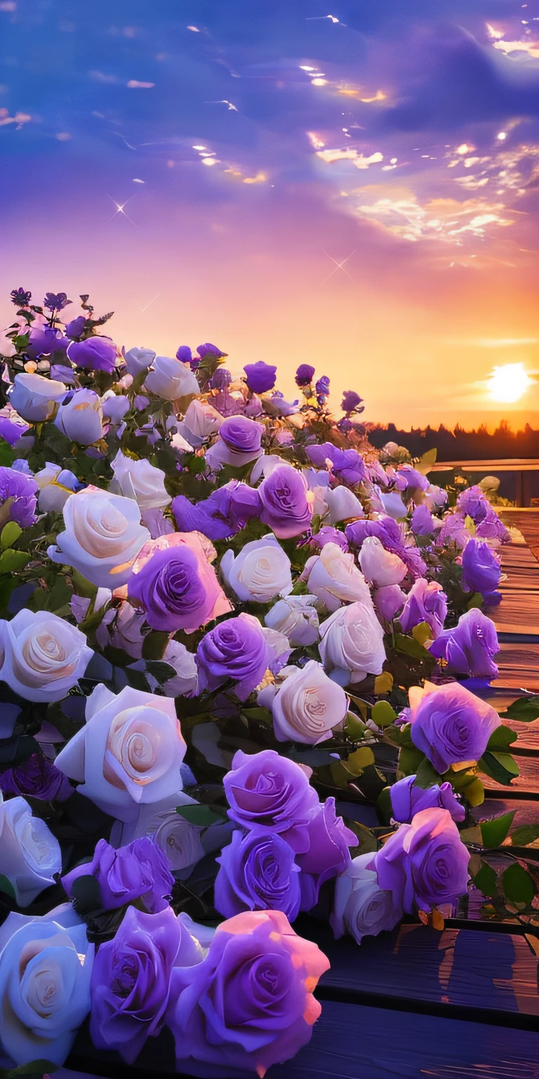 Purple and white roses grow on wooden benches at sunset, Beautiful flowers, floral sunset, Incredibly beautiful, beatiful background, Beautiful nature, much wow，It's so beautiful, Magical flowers, beautiful flowers growing, warm beautiful scene, Beautiful scenery, Blooming flowers, Really beautiful nature, Glowing flowers, big breasts beautiful, magical colorful flowers, rosette, Lilac sunlight, big breasts beautiful!