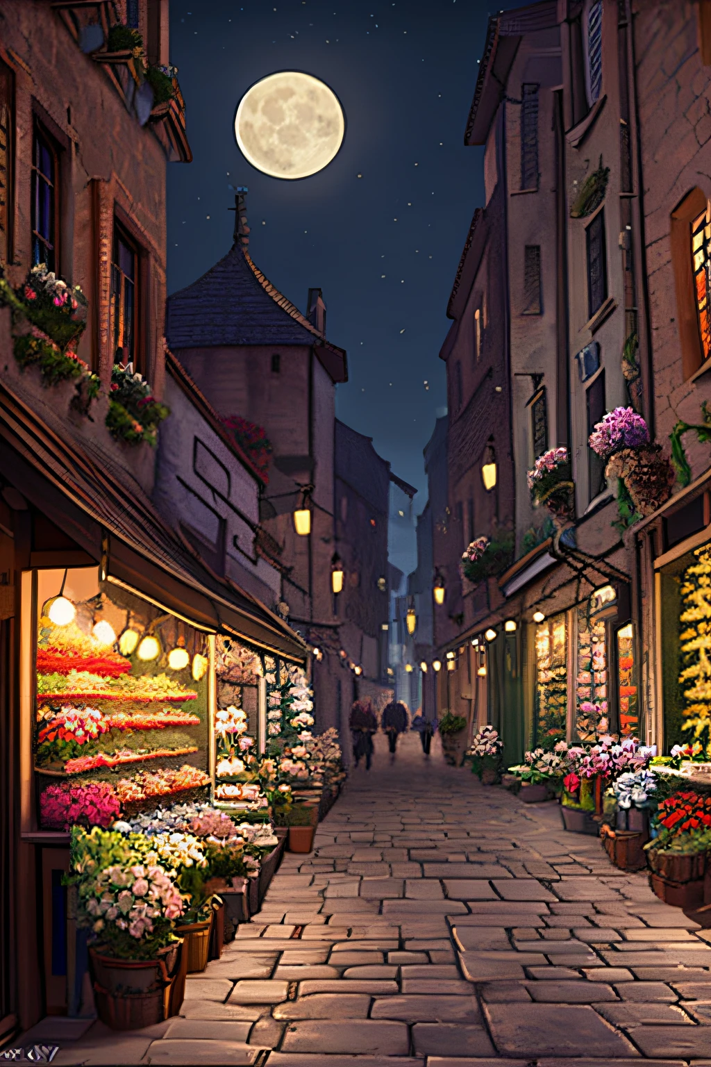 Rua Medieval，Floricultura，a noite，a lua，vazio de pessoas，Rua antiga，alto detalhe，mecanismo irreal renderizado