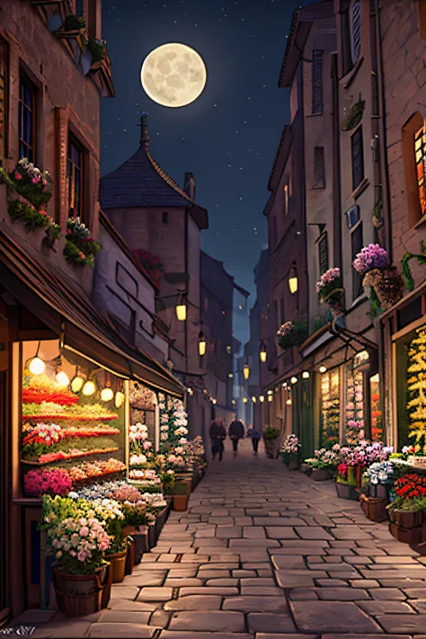 Medieval Street，Flower shop，the night，themoon，empty of people，Old street，high detal，unreal engine rendered