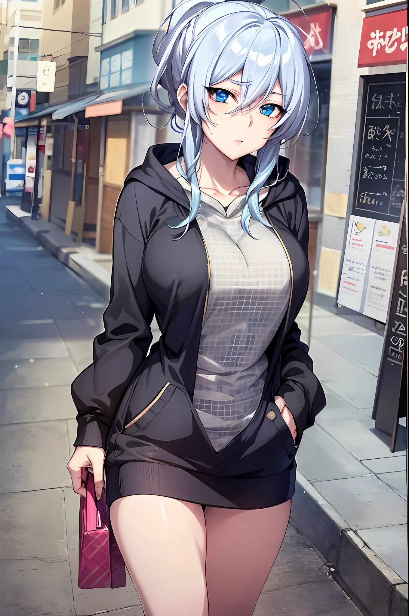 Yukino, Silver hair and  eyes in a black hoodie, anime visual of a cute girl, screenshot from the anime film, & her expression is solemn, in the anime film, in an anime, anime visual of a young woman, she has a cute expressive face, still from anime, perfect breast