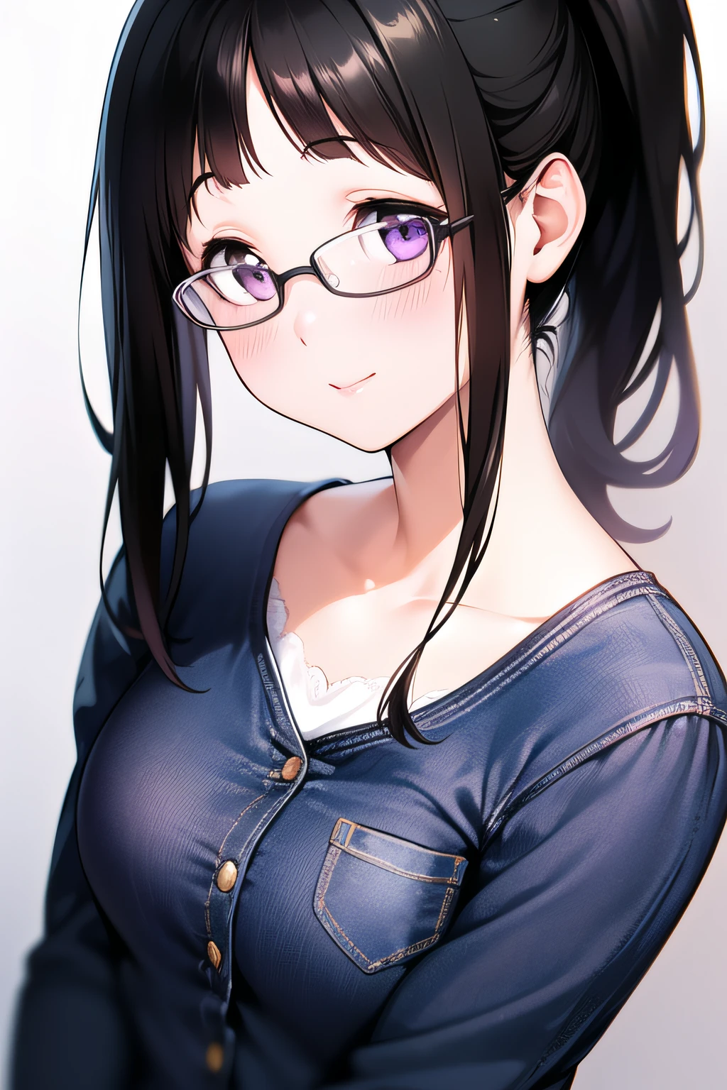 A superb exquisite Chitanda Eru, purple eyes, black long hair, ponytail, straight bangs, (Small_breasts: large_breasts: 0.4), (solo), upper body shot, eyeglasses, jeans, ((blush)), timid smile, extremely delicate, straight facial features, peerless beautiful girl, soft, (kawaii), dreamy quality, light white and dark brown, exaggerated facial features, solid color, delicate face, bright lips slightly open, slender waist, soft curves, real light and shadow, super fine, 4k, natural moving, Ultra high resolution, (masterpiece:1.2, best quality), (finely detailed beautiful eyes: 1.2), (beautiful detailed face)