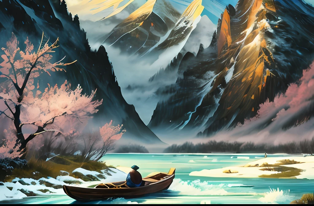 （best qualtiy:1.2），Chinese ink landscape painting style, Chinese big breasts，Quaint，On the lonely boat sat a man in a dress、 Old fisherman with a cloak on his head,Fishing alone against the wind and snow on the icy river。landscape artwork, Detailed painting 4 K, Beautiful art UHD 4 K, Chinese landscape, 4k highly detailed digital art, scenery wallpaper, 8K high quality detailed art, 4K detailed digital art, Landscape wallpaper, Fantasy art landscape,