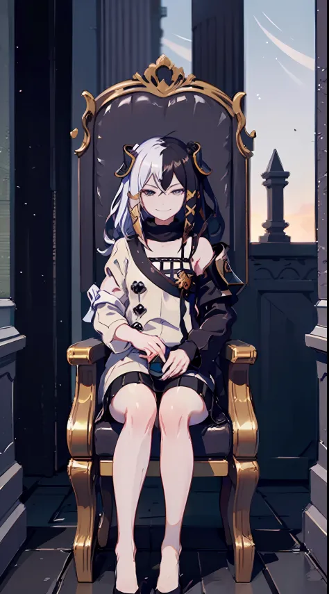 sitting on throne, castle, domineering look, arrogant smile, masterpiece, best quality