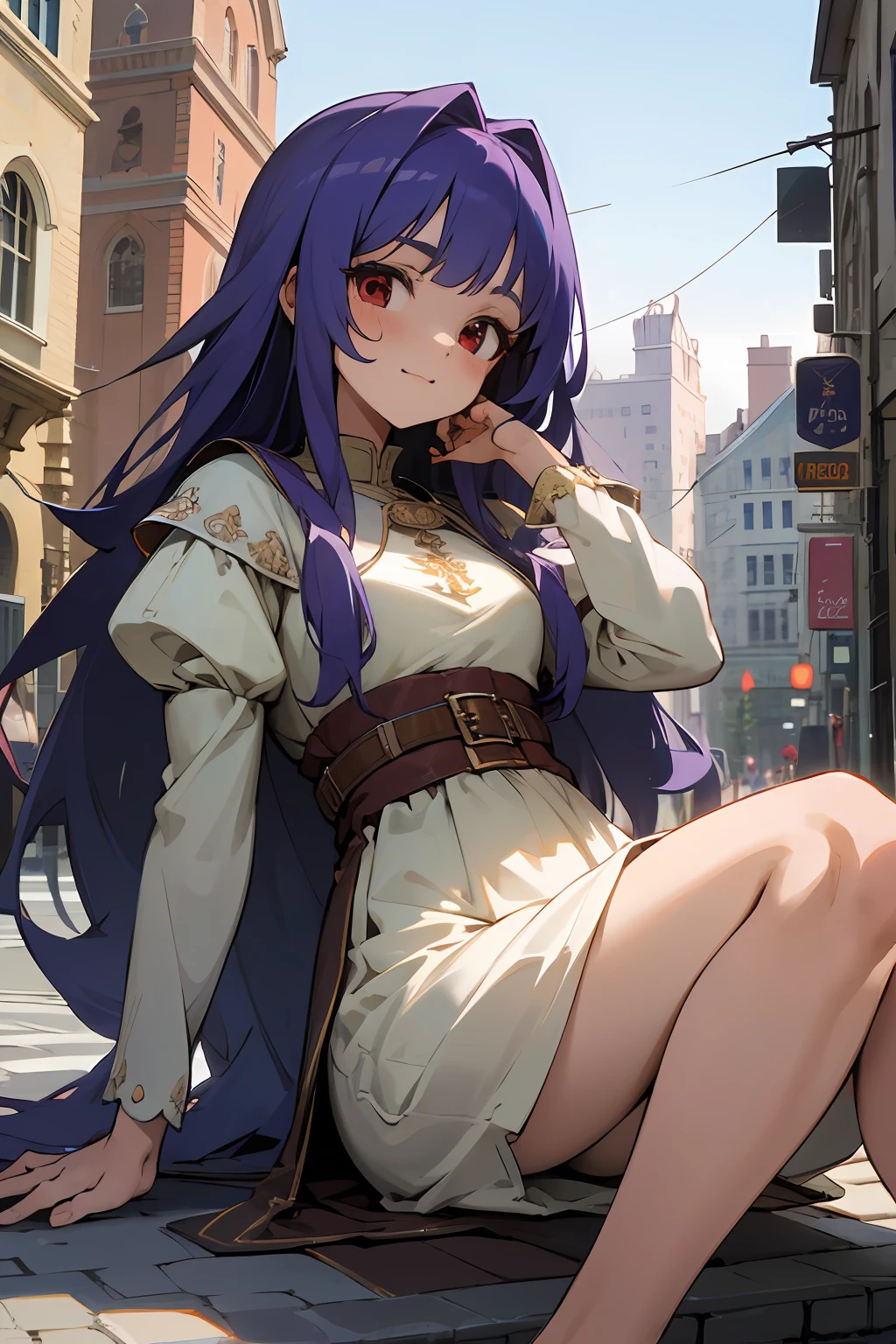 1girl, purple long hair. red eyes, wearing medieval fantasy dress, high res, ultrasharp, 8k, masterpiece, perfect body, perfect face, cute face, sitting on the street, medieval city looking forward