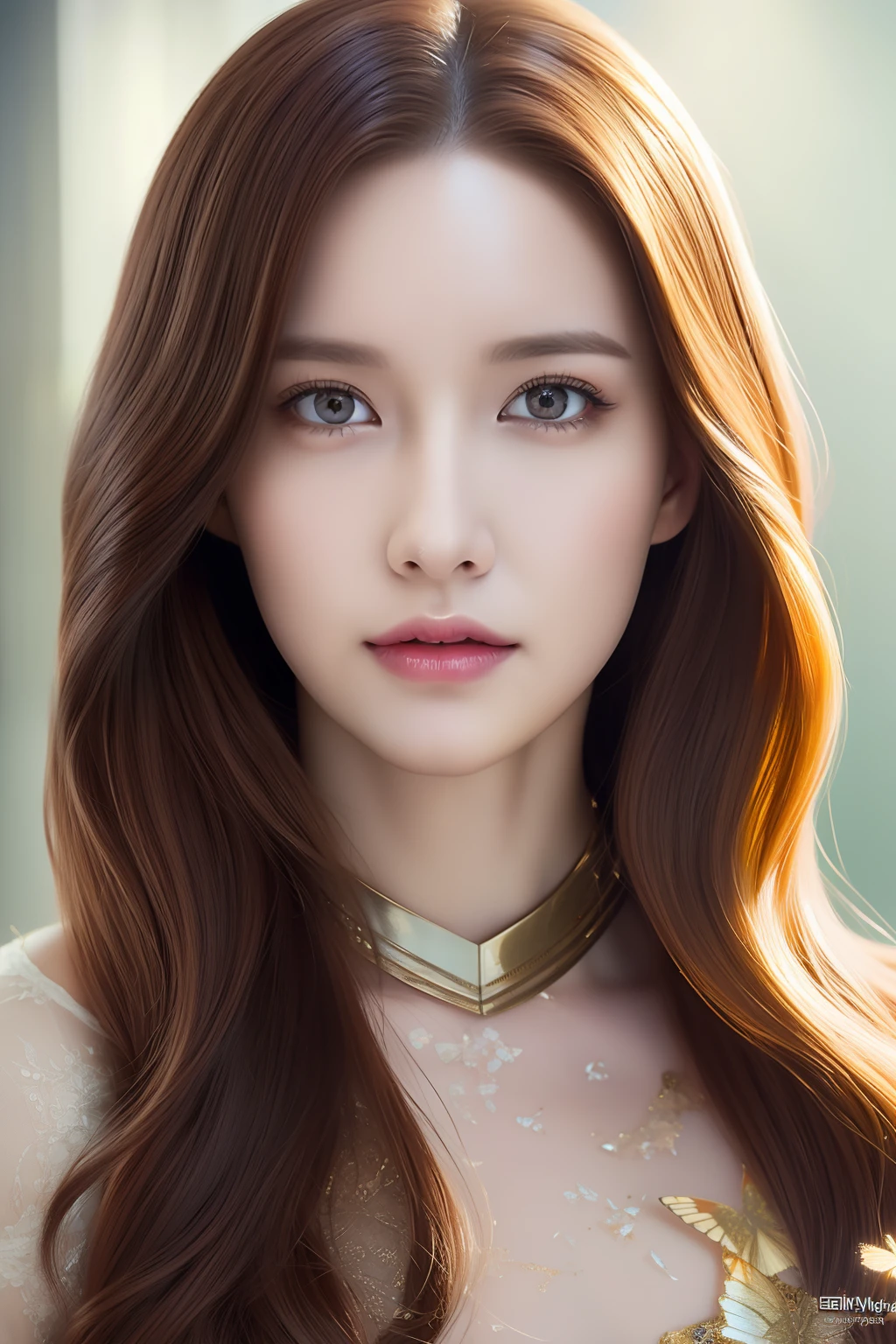 8k portrait of beautiful cyborg with brown hair, intricate, elegant, highly detailed, majestic, digital photography, art by artgerm and ruan jia and greg rutkowski surreal painting gold butterfly filigree, broken glass, (masterpiece, sidelighting, finely detailed beautiful eyes: 1.2), hdr,