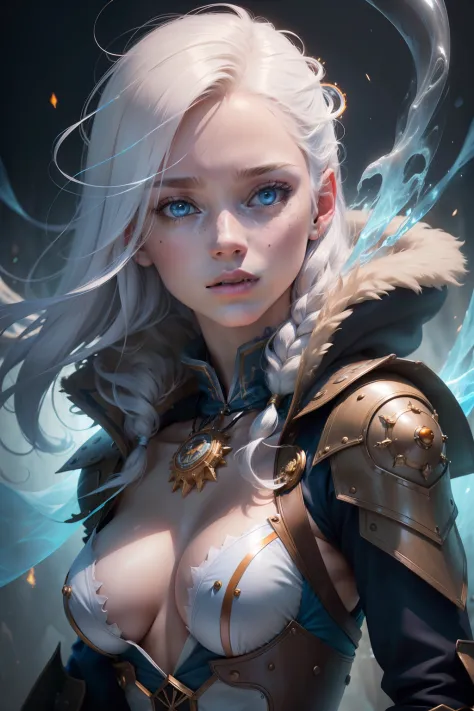 "classic steampunk(fur clothes), fiction, white, hair(white), best quality, woman, beautiful and aesthetic, freckled face, masterpiece, translucent cloth, creature, robotics, transparent membrane, emanating blue flame energy from its hands, featuring a mag...